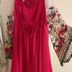 SHEIN Vibrant Pink Dress with Embroidered Sleeves